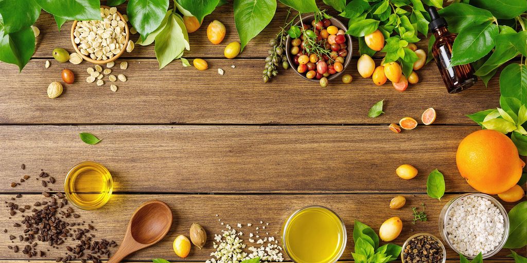 Natural hair care products on a wooden background.