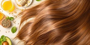 Lustrous hair with natural DIY ingredients in the background.