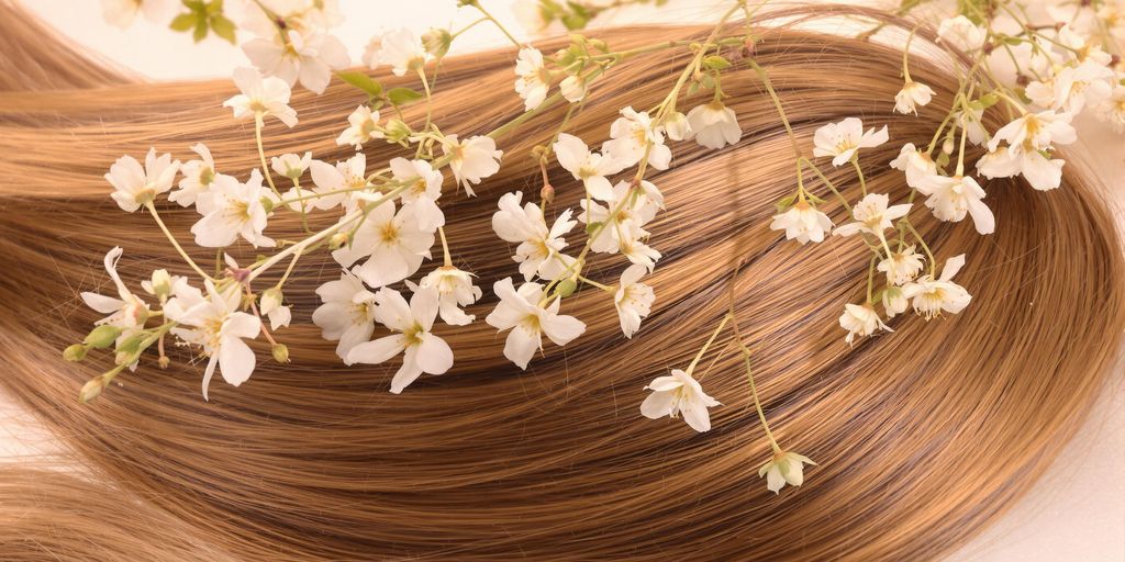 Close-up of healthy hair with flowers and soft lighting.